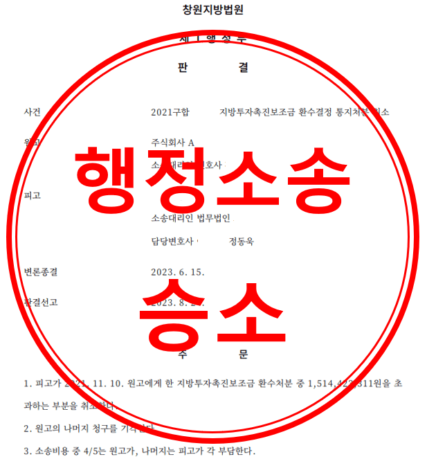 지방투자촉진보조금 환수결정 통지처분 취소